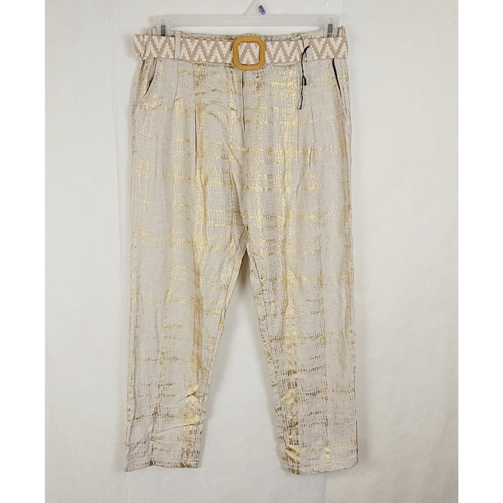Linen Made in Italy Tan Metallic Gold Pull-On Ankle Pants Resort Glam Size 31